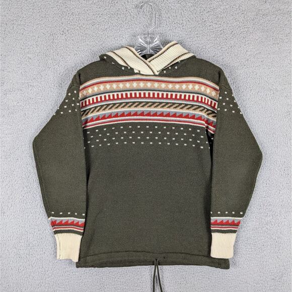 Vintage 1960s Hand Full Fashioned Hoodie Adult Small Green Fair Isle Pullover - Picture 1 of 11